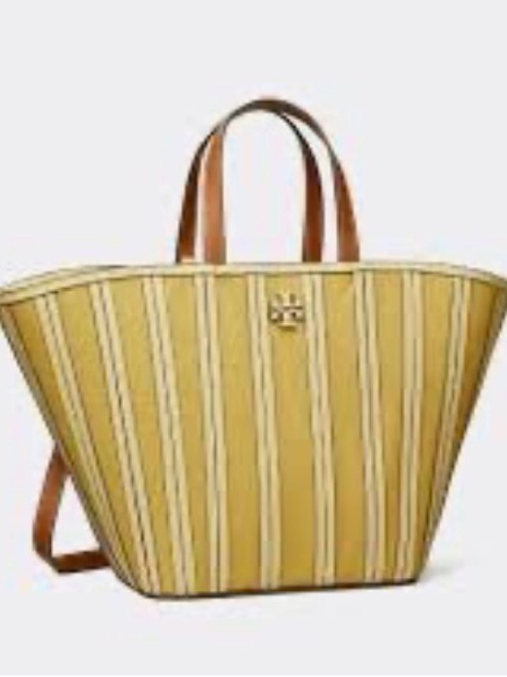 Tory Burch Mustard and Cream Striped Canvas Tote with Brown Handles